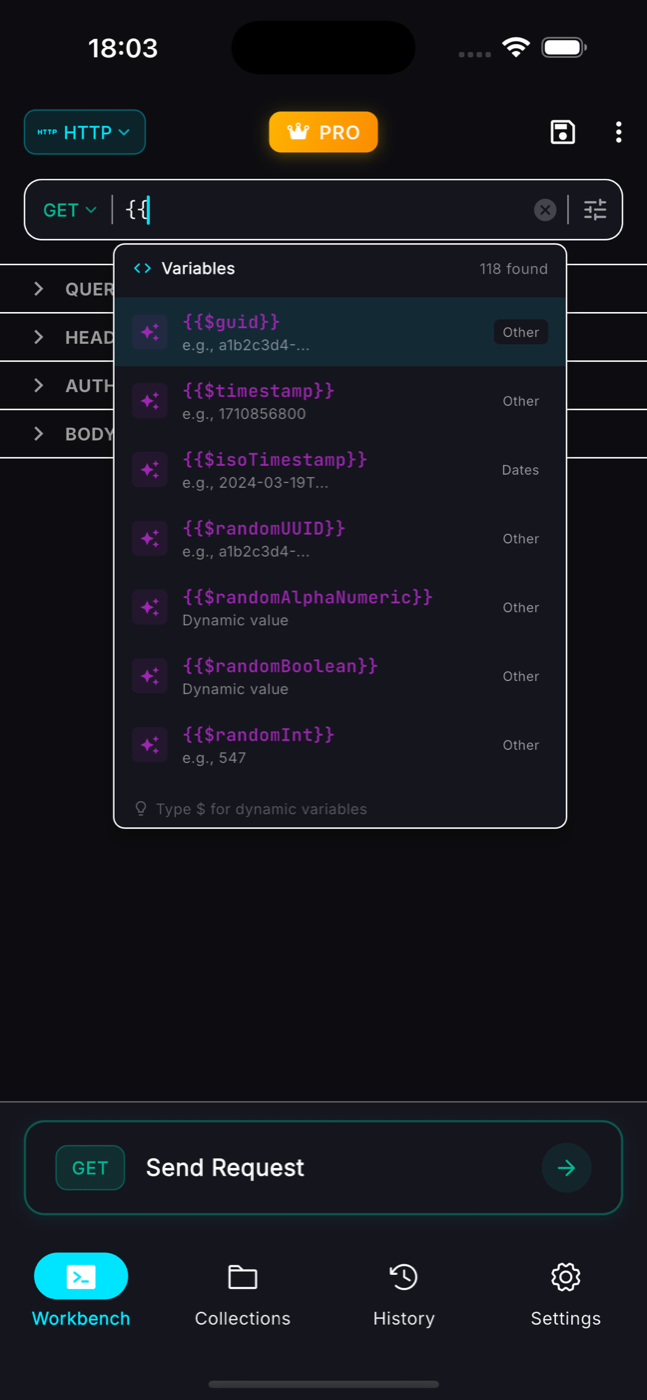 Dynamic variables autocomplete in ReqPad: guid, timestamp, randomUUID and more