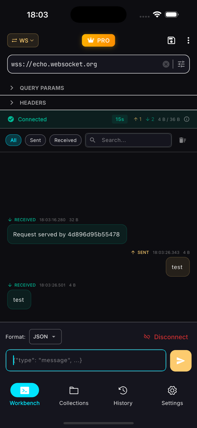 Live WebSocket session in ReqPad: connected status, sent and received frames